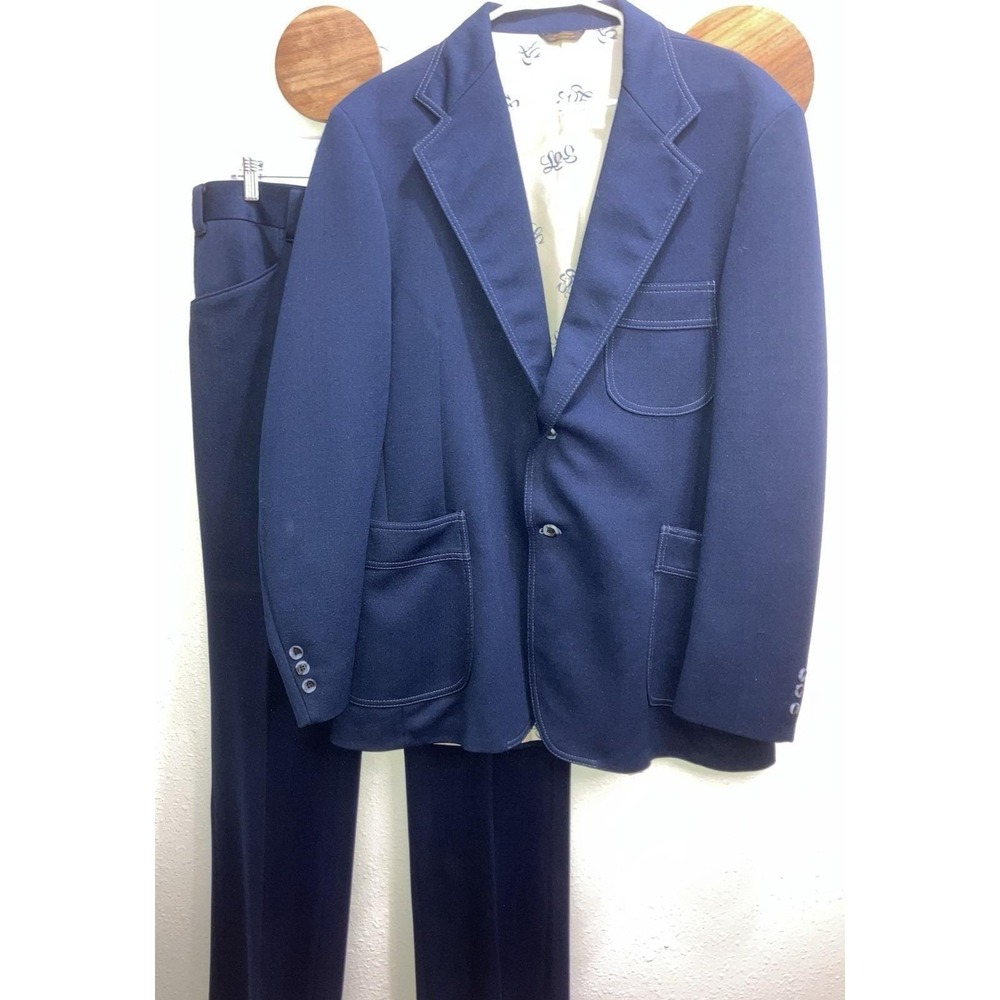 Vintage 1970s Levi's Panatela Suit Set Mens 46L Navy Sport Coat Blazer Pants USA
